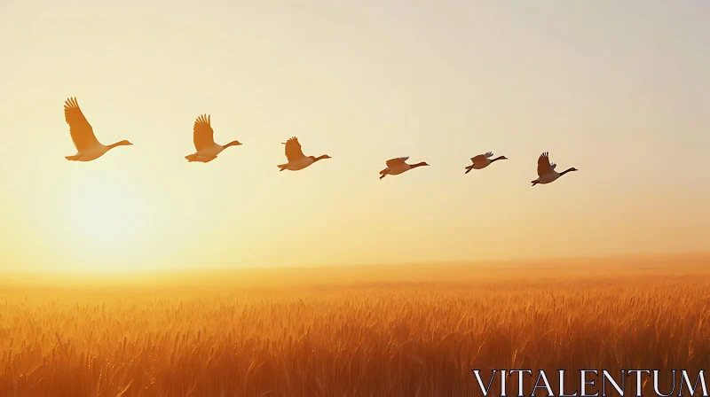 Birds in Flight at Sunset AI Image