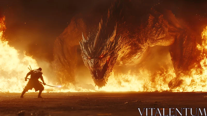 Epic Battle: Warrior Versus Dragon in Fire AI Image