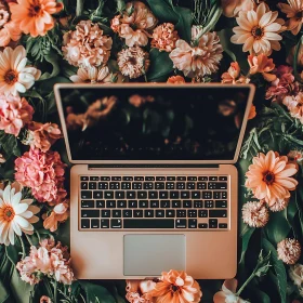 Laptop on a Bed of Multicolored Flowers