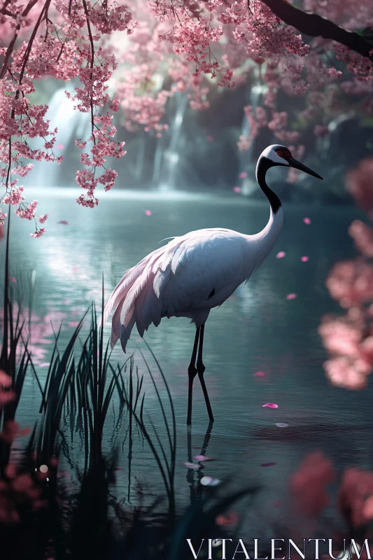 Elegant Crane Amidst Floral Beauty AI Image