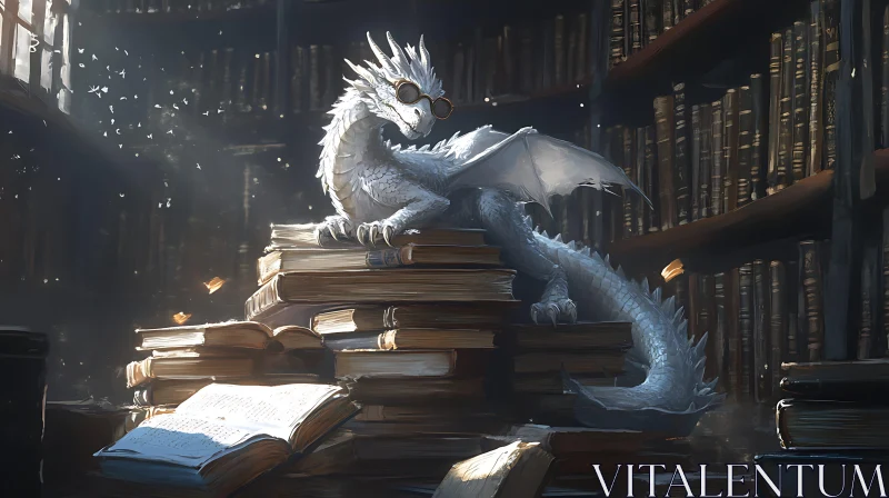 Dragon Reading in the Library AI Image