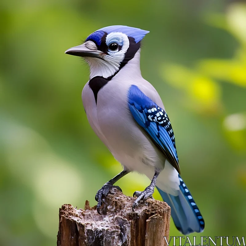 AI ART Vibrant Blue Jay on Weathered Stump