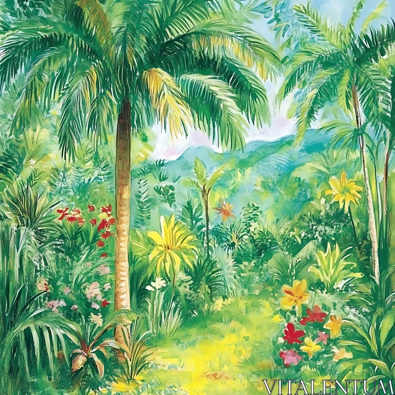 Tropical Forest Landscape with Vibrant Flora AI Image