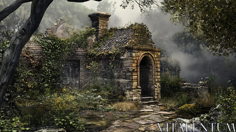 AI ART Overgrown Stone Cottage in Misty Woods