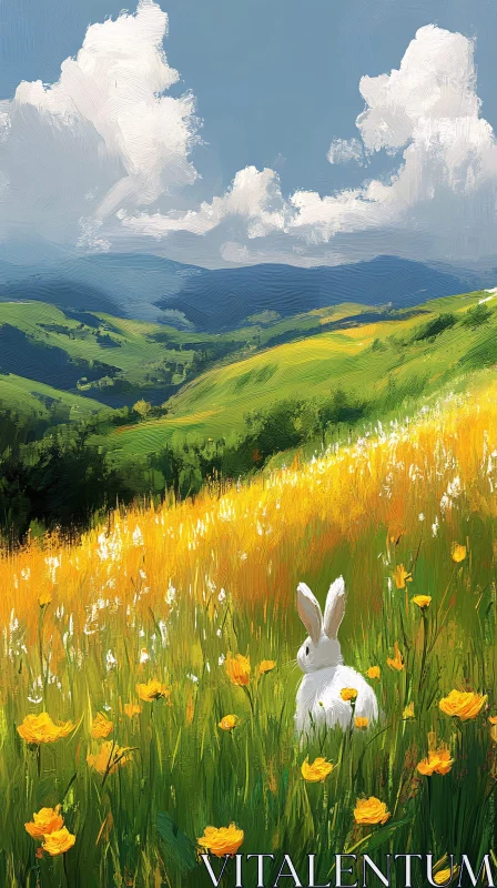 AI ART Tranquil Meadow with Bunny and Blossoms