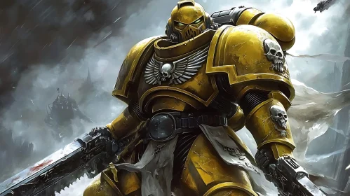 Armored Soldier in War-Torn Landscape