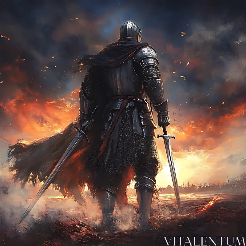 AI ART Armored Knight Amidst a Burning Horizon