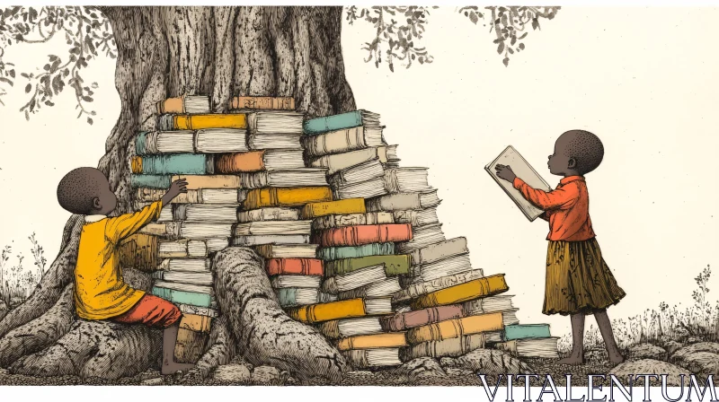 Kids and Books Illustration AI Image