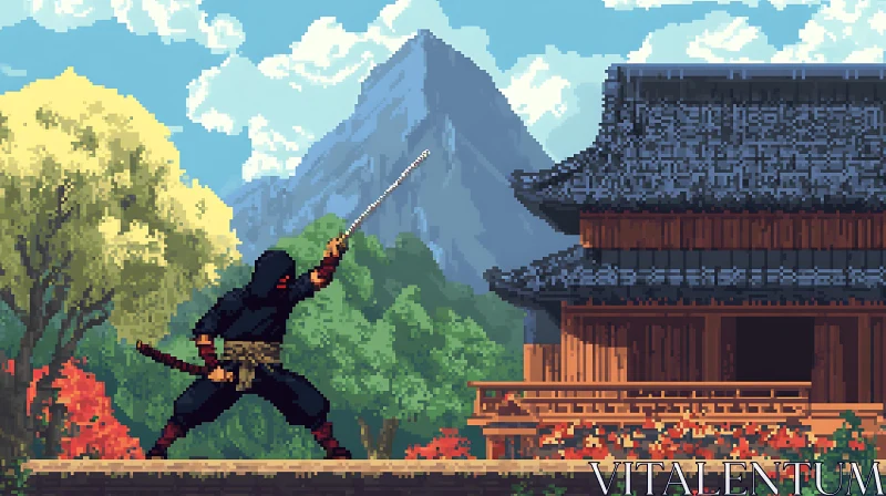 Ninja Pixel Art Mountain View AI Image