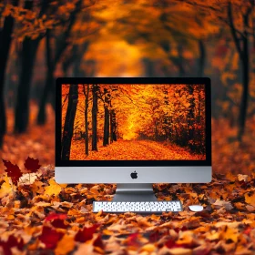iMac Displaying Autumn Forest Path Surrounded by Leaves