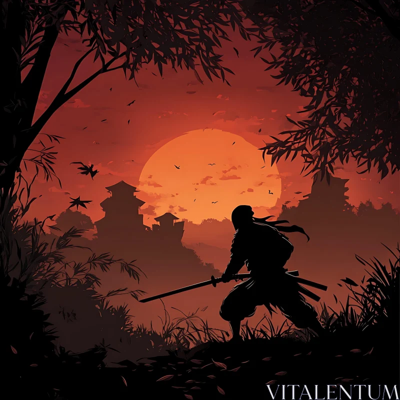 AI ART Sunset Silhouette of a Ninja Warrior