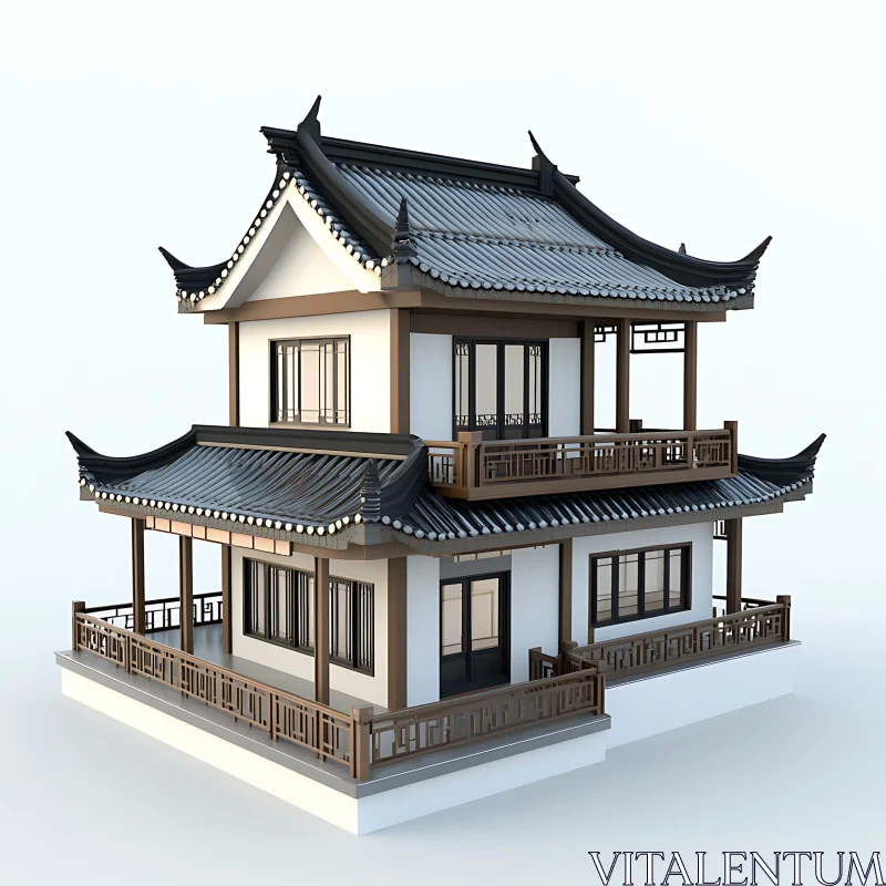 Two-Story House with Asian Architecture AI Image