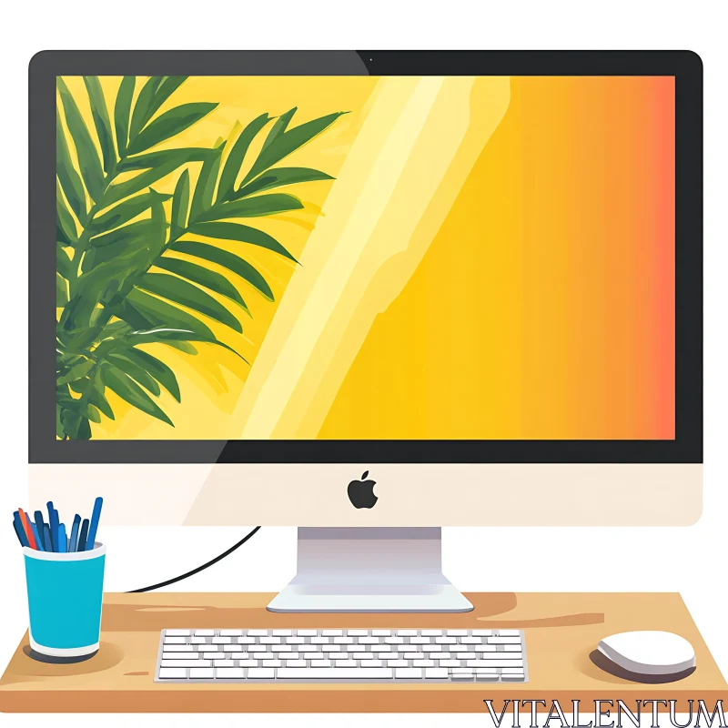 Sleek Desktop Computer with Yellow-Orange Wallpaper and Plant AI Image