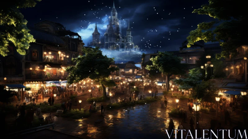 Enchanting Night View of Disneyland's Fairytale Village AI Image