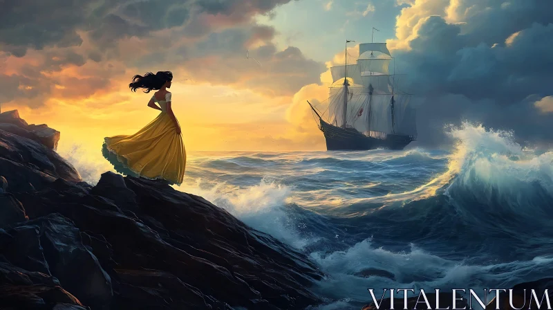 AI ART Woman Gazing at Sailing Ship on the Sea