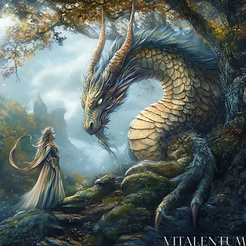 Mystical Dragon and Woman Meeting AI Image