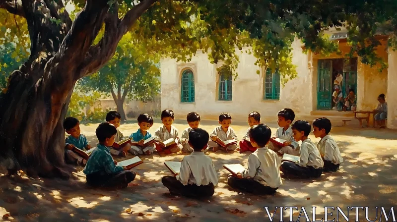 AI ART Boys Studying Under Tree