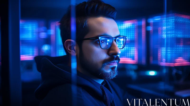 Futuristic Portrait: Man with Glasses Engrossed in Computer Monitor AI Image