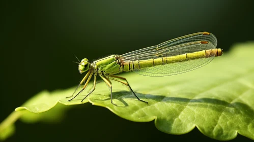 Green Dragonfly on Leaf: A Study in Detailed Photography
