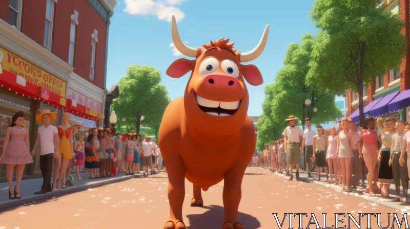AI ART Joyful Cartoon Cow 'Wyatt Earp' on City Sidewalk - Movie Scene
