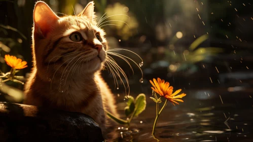 Serene Cat Resting on Water with Flowers - Unreal Engine 5