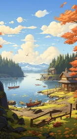 Serene Lake Illustration at Rustic Cabin | Highly Detailed Artwork