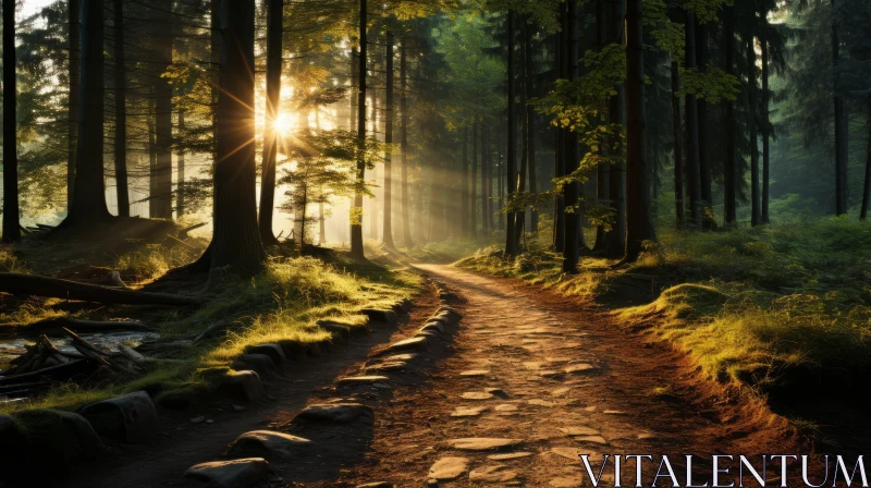 Sunlit Forest Path: A Spiritual Symbolism in Nature AI Image