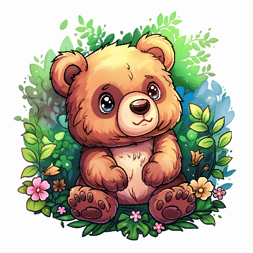 Whimsical Cartoon Brown Bear in Lush Forest - Children's Illustration POD Design