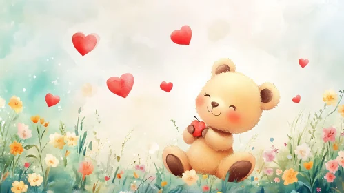 Whimsical Teddy Bear in Floral Heartscape