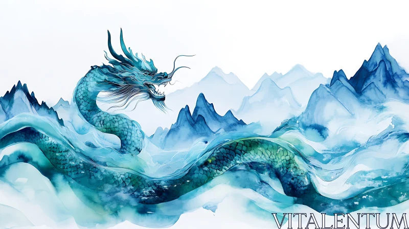 AI ART Azure Dragon Ascending Through Misty Peaks