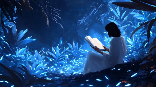 Woman Reading in a Glowing Forest