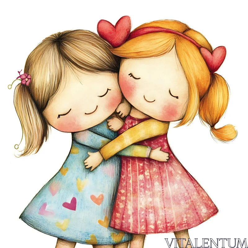 Girls Hugging with Hearts Illustration AI Image