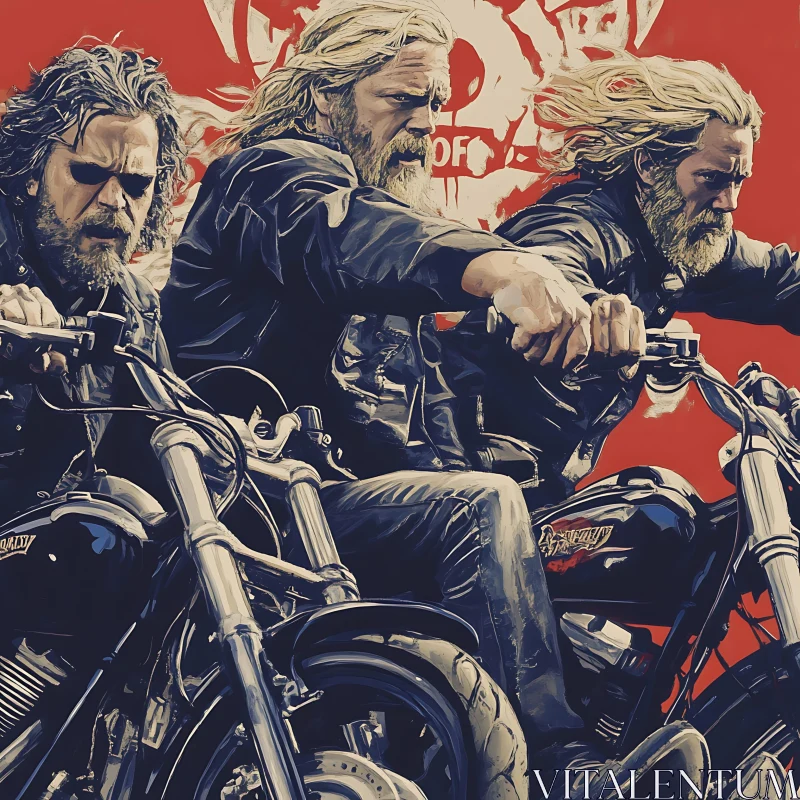 AI ART Bikers on Motorcycles with Red Backdrop