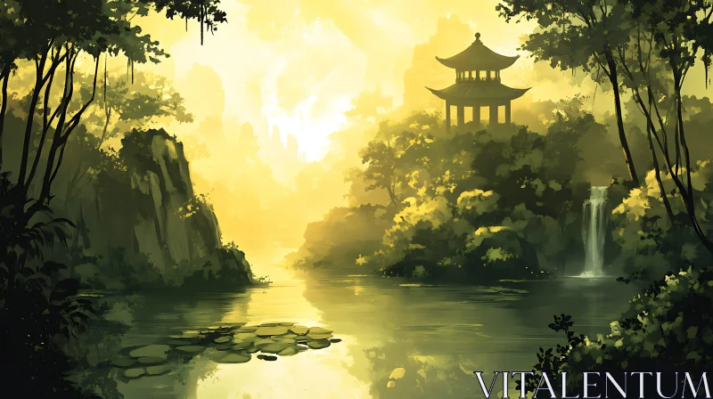 AI ART Tranquil Asian Landscape with Pagoda and Waterfall