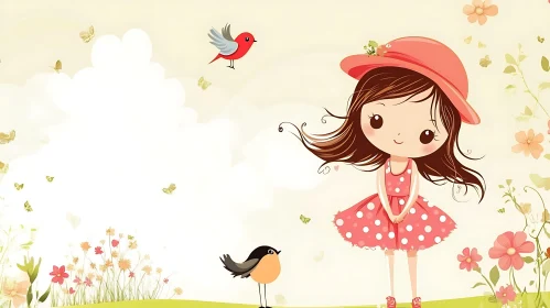 Whimsical Girl in Garden Cartoon