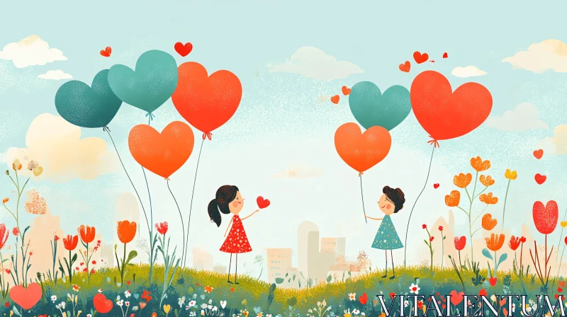 AI ART Children with Heart Balloons in a Flower Field