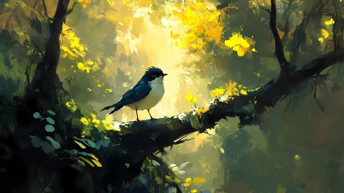 Serene Bird on Branch in Glowing Forest