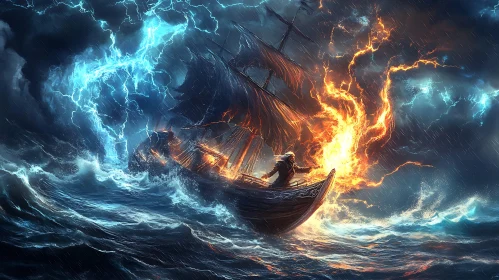 Burning Ship in a Lightning Storm