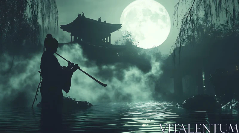 AI ART Silhouette Flute Player Under Moonlight