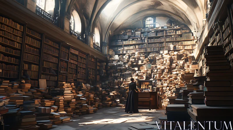 Grand Library Interior with Books and Light AI Image