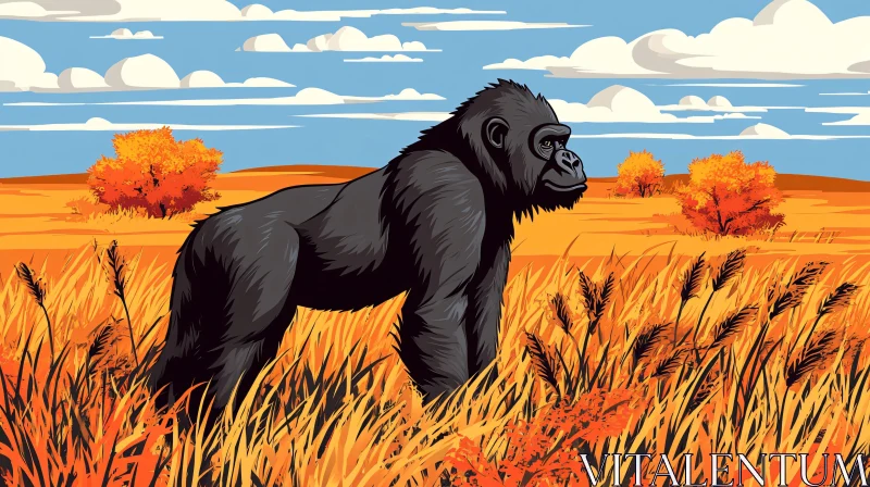 Wild Gorilla in Autumnal Savannah AI Image