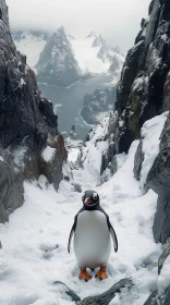Solitary Penguin Amidst Snowy Cliffs