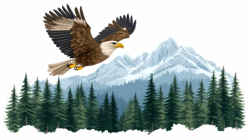 Eagle Flying Over Forest and Mountains