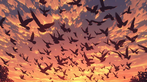 Sunset Sky with Birds in Flight
