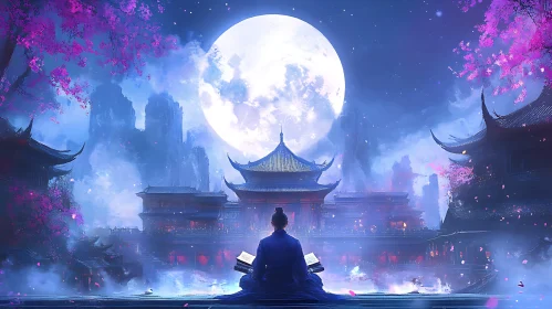Temple Meditation Under Moonlight