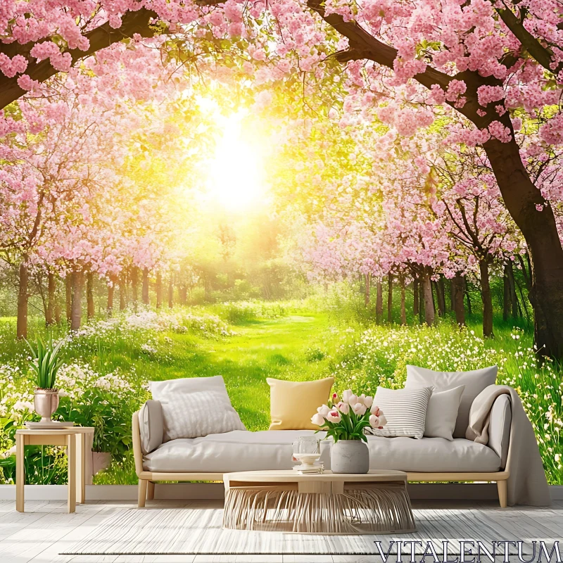 Living Room Featuring Cherry Blossom Forest Mural AI Image