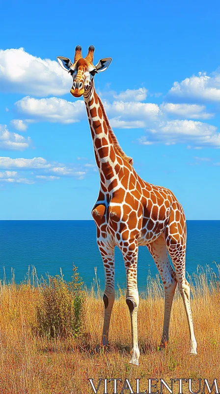 Giraffe on Grassy Plain with Sea View AI Image