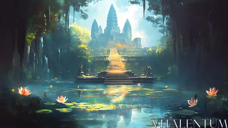 Temple and Lotus Flowers in Still Water AI Image