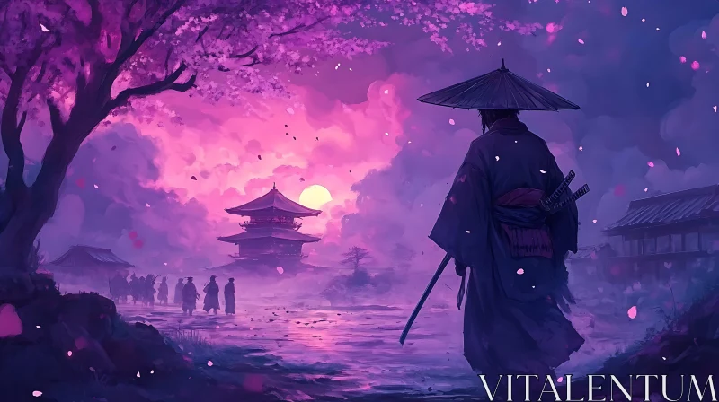 Pink Sunset Samurai with Temple View AI Image