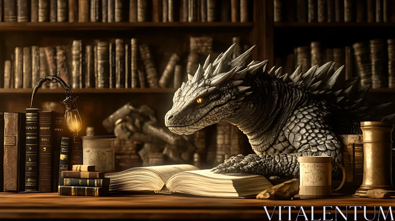 AI ART Scholarly Dragon in Library Setting